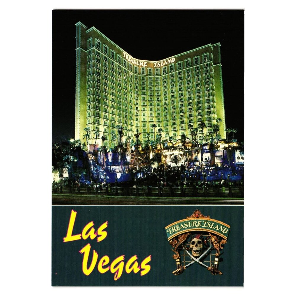 Las Vegas Treasure Island Vintage Postcard Evening Exterior Hotel Casino Gamble